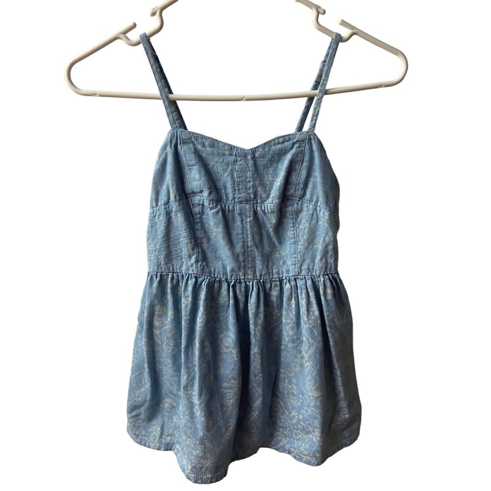 Red Camel Top Girls SMALL Blue White Smocked Back Spagetti Strappy Chambray